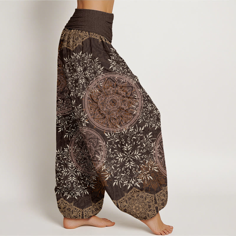 Cotton Mandala Pattern Leaves Women's Elastic Waist Harem Pants