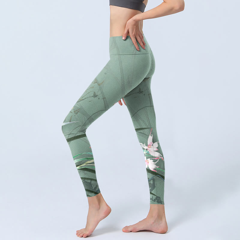 White Pink Orchids Leaves Print Gym Leggings Women's Yoga Pants