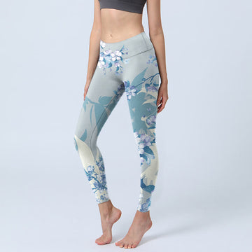 White Blue Flowers Print Gym Leggings Women's Yoga Pants