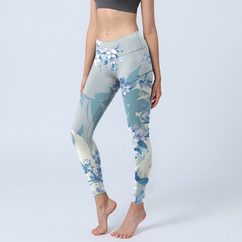 White Blue Flowers Print Gym Leggings Women's Yoga Pants