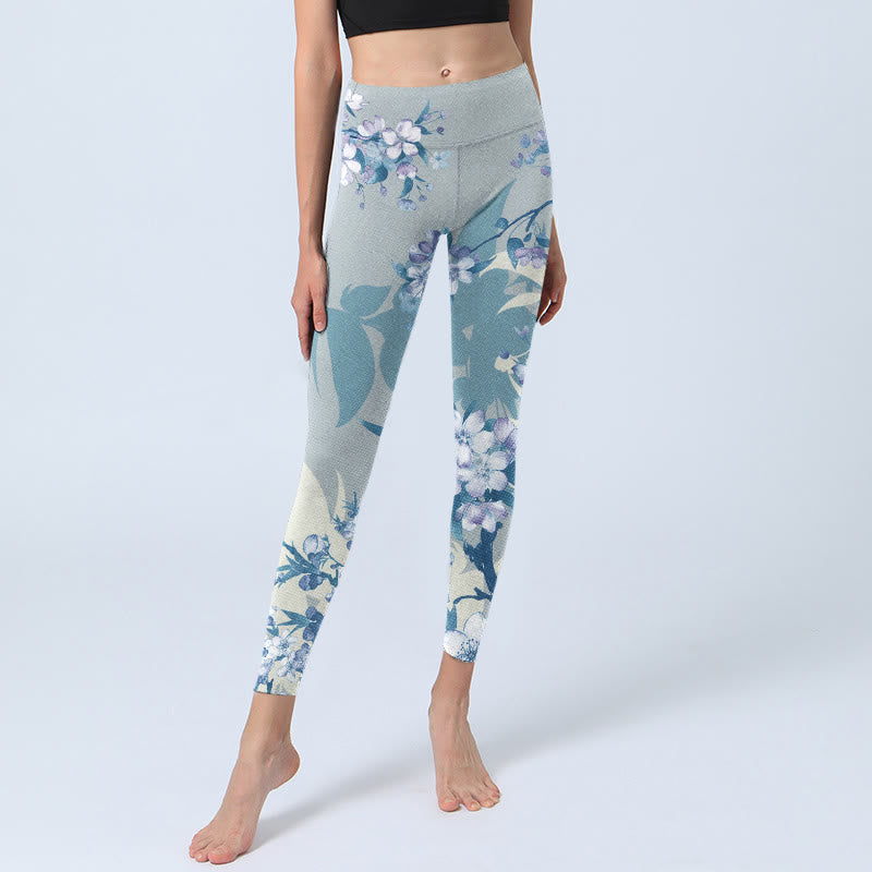 White Blue Flowers Print Gym Leggings Women's Yoga Pants