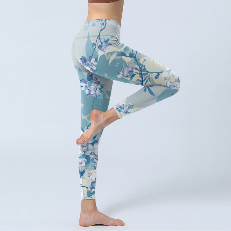White Blue Flowers Print Gym Leggings Women's Yoga Pants