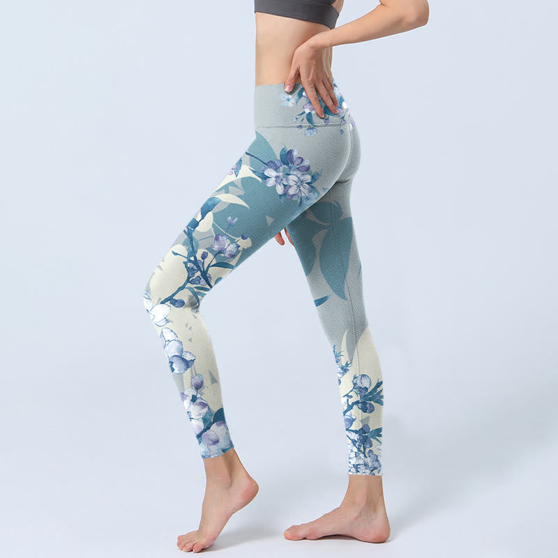 White Blue Flowers Print Gym Leggings Women's Yoga Pants