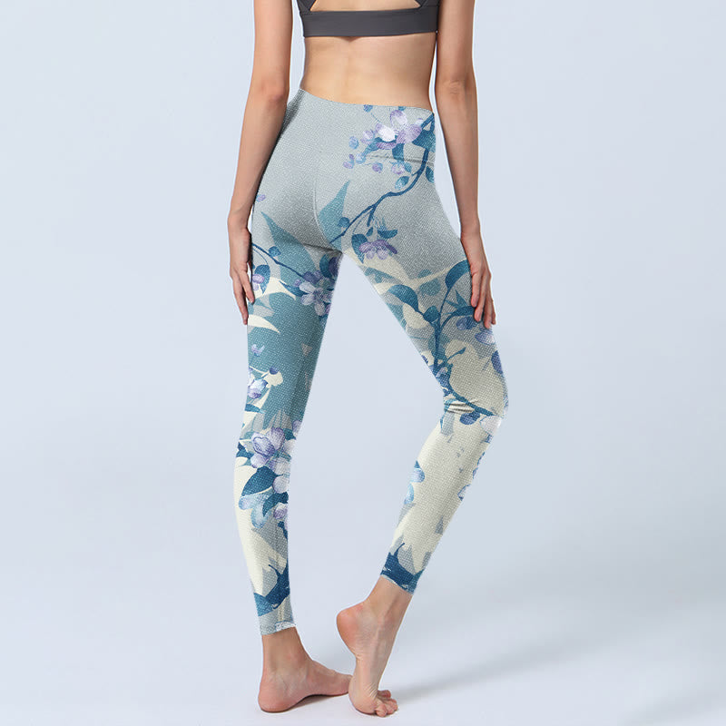White Blue Flowers Print Gym Leggings Women's Yoga Pants