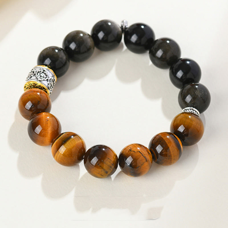 Tiger Eye Gold Sheen Obsidian Om Mani Padme Hum Bracelet