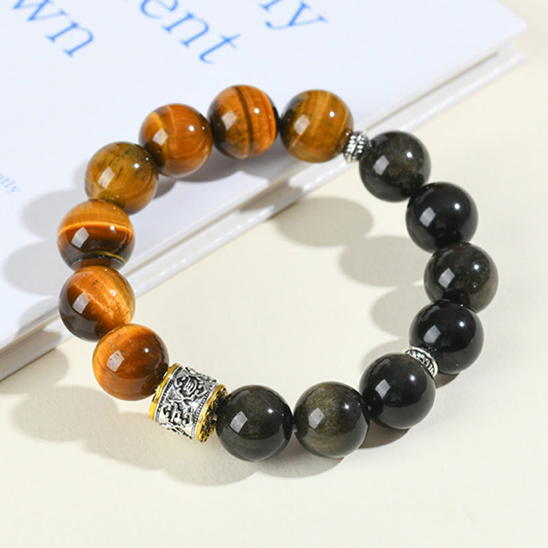 Tiger Eye Gold Sheen Obsidian Om Mani Padme Hum Bracelet