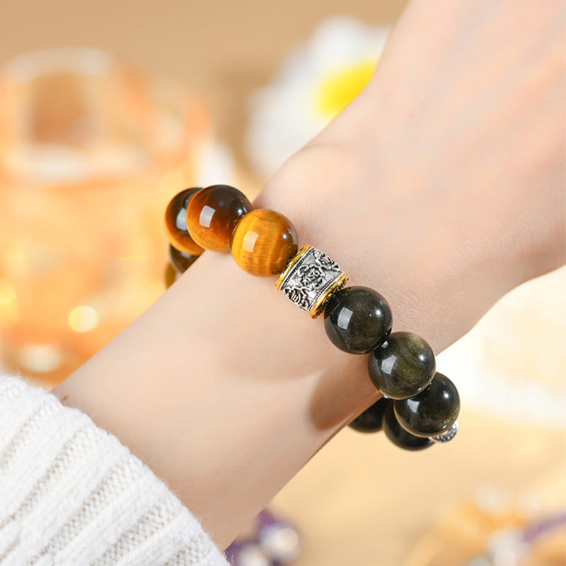 Tiger Eye Gold Sheen Obsidian Om Mani Padme Hum Bracelet