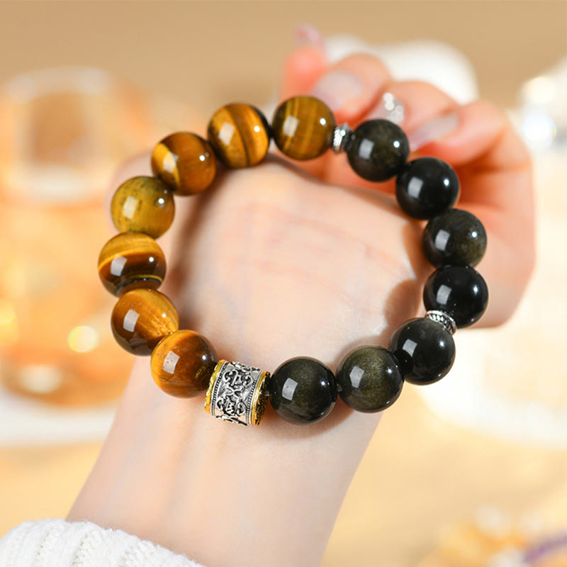 Tiger Eye Gold Sheen Obsidian Om Mani Padme Hum Bracelet