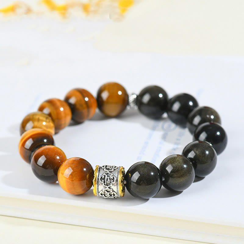 Tiger Eye Gold Sheen Obsidian Om Mani Padme Hum Bracelet