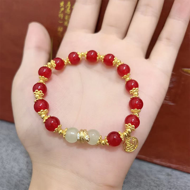 Red Agate Jade Fu Character Year of the Snake Calm Bracelet
