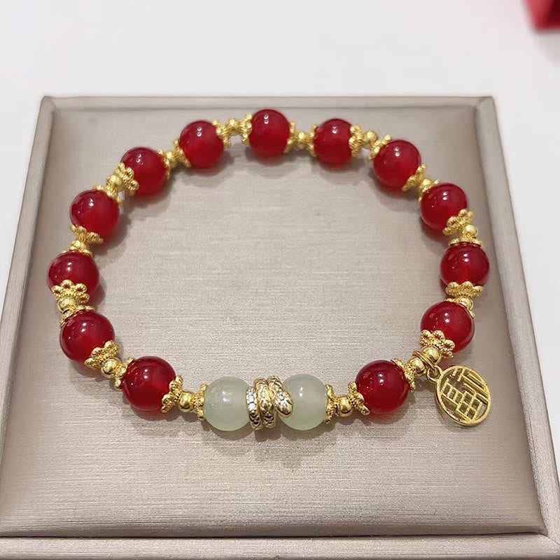 Red Agate Jade Fu Character Year of the Snake Calm Bracelet