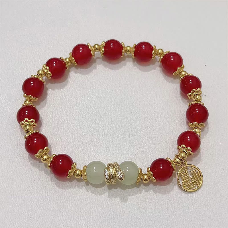 Red Agate Jade Fu Character Year of the Snake Calm Bracelet