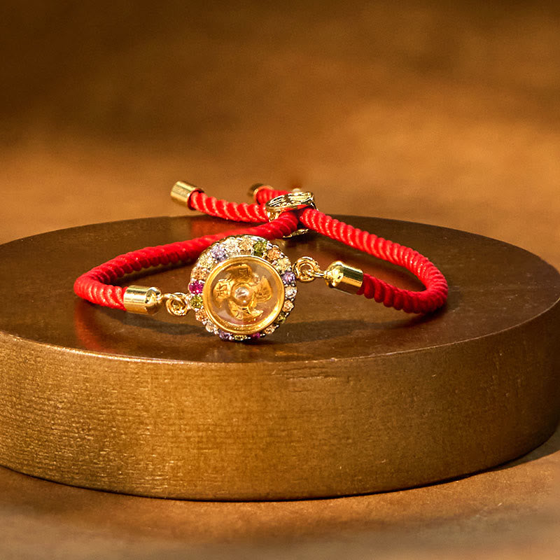 Rotatable Brass & Copper Windmill Fu Symbol Braided Red String Bracelet
