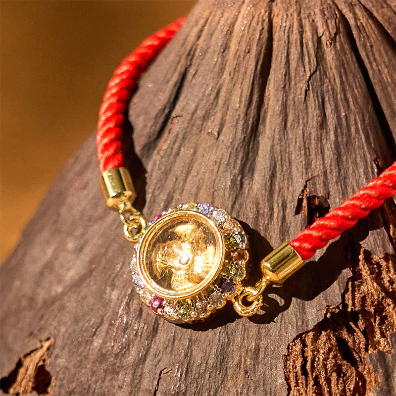 Rotatable Brass & Copper Windmill Fu Symbol Braided Red String Bracelet