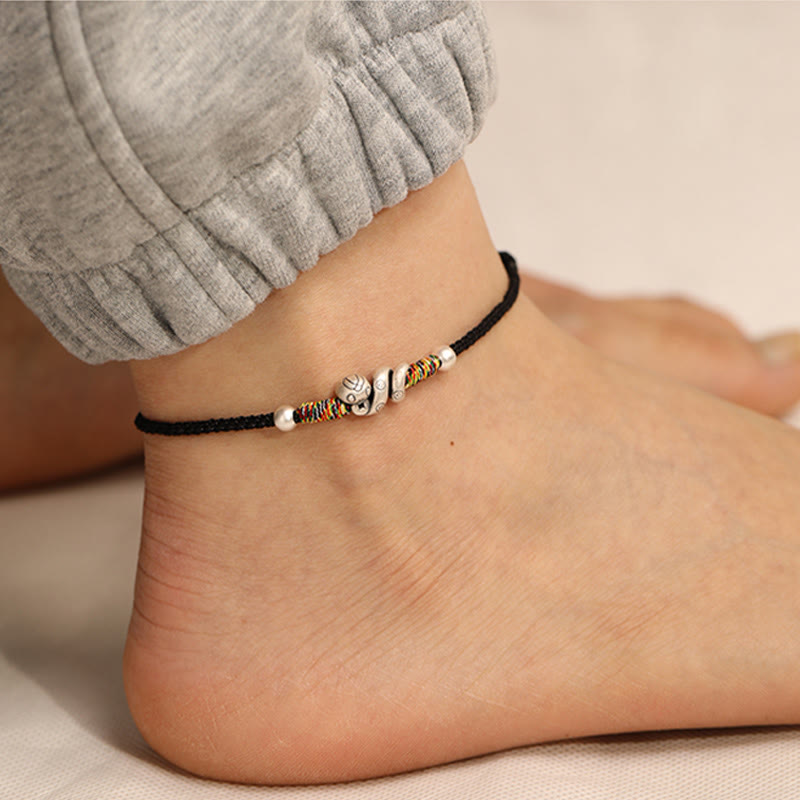 999 Sterling Silver Snake Red String Woven Anklet - Year of the Snake