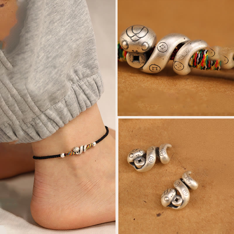 999 Sterling Silver Snake Red String Woven Anklet - Year of the Snake
