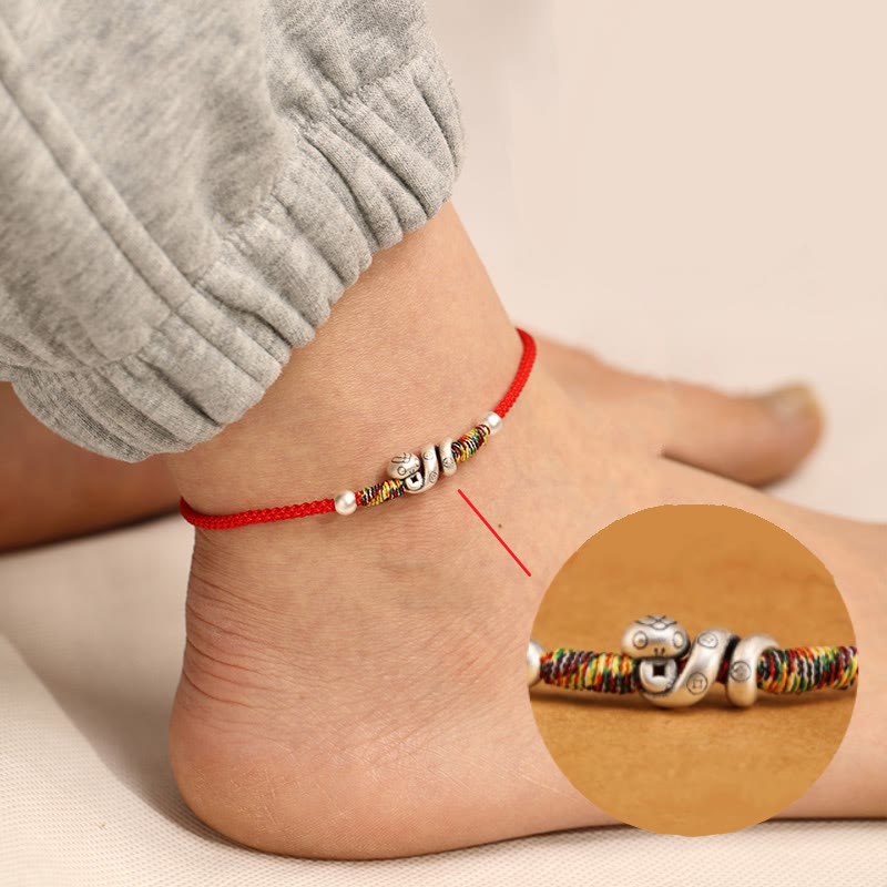 999 Sterling Silver Snake Red String Woven Anklet - Year of the Snake