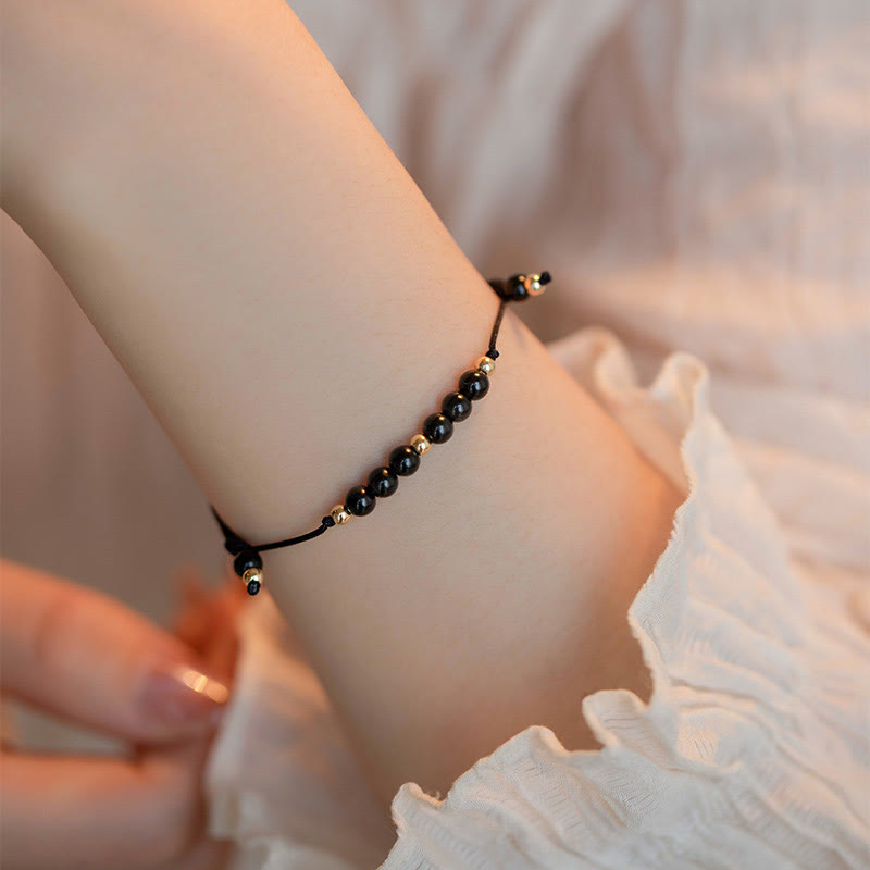 Minimalist Ultra-Thin Smoky Quartz and Black Obsidian Copper Bead Bracelet