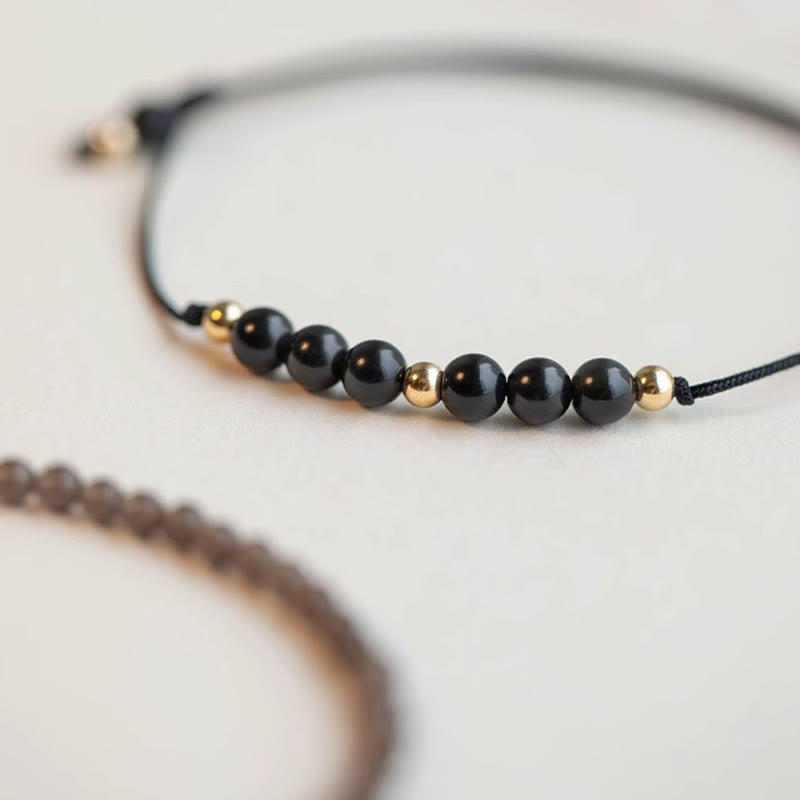 Minimalist Ultra-Thin Smoky Quartz and Black Obsidian Copper Bead Bracelet