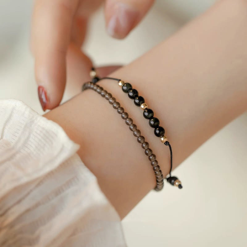 Minimalist Ultra-Thin Smoky Quartz and Black Obsidian Copper Bead Bracelet