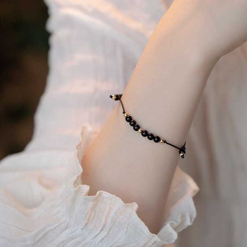 Minimalist Ultra-Thin Smoky Quartz and Black Obsidian Copper Bead Bracelet
