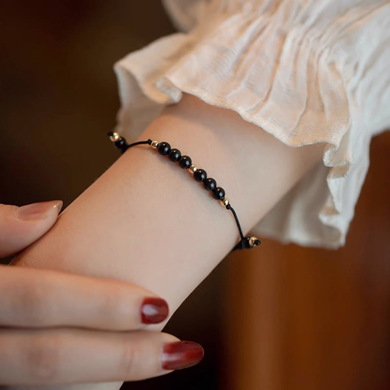 Minimalist Ultra-Thin Smoky Quartz and Black Obsidian Copper Bead Bracelet