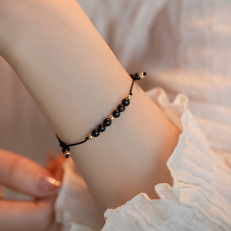 Minimalist Ultra-Thin Smoky Quartz and Black Obsidian Copper Bead Bracelet