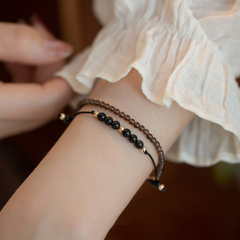 Minimalist Ultra-Thin Smoky Quartz and Black Obsidian Copper Bead Bracelet