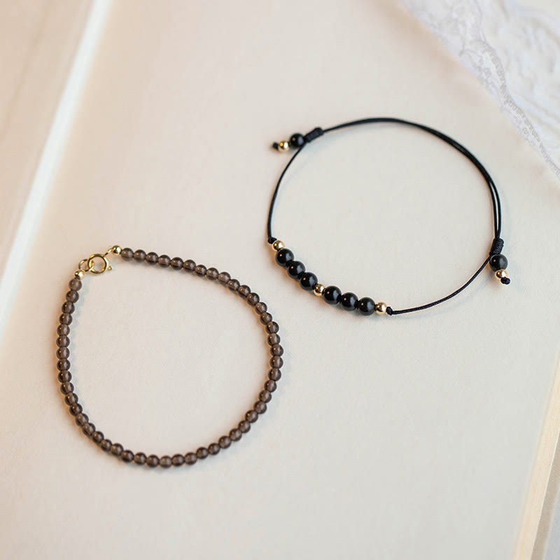 Minimalist Ultra-Thin Smoky Quartz and Black Obsidian Copper Bead Bracelet