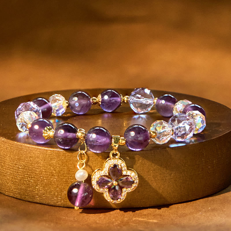 Natural Amethyst Crystal Four Leaf Clover Spiritual Healing Bracelet