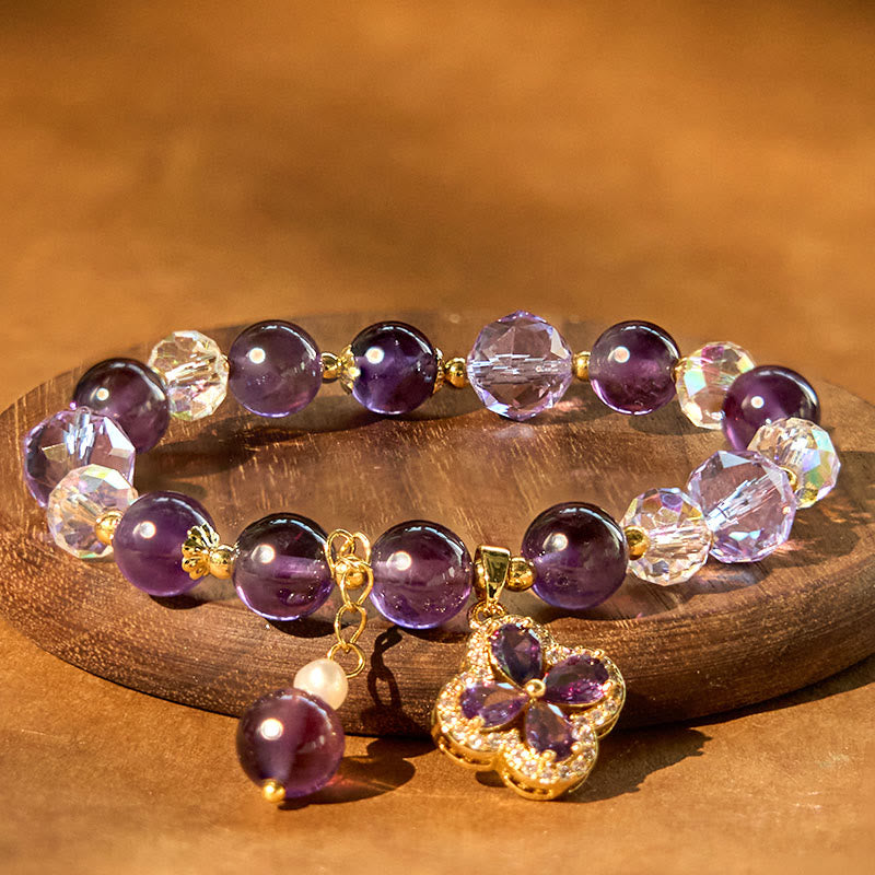 Natural Amethyst Crystal Four Leaf Clover Spiritual Healing Bracelet