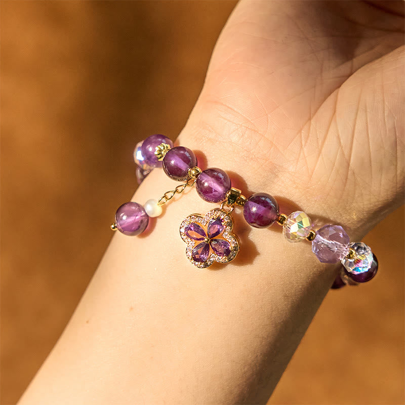 Natural Amethyst Crystal Four Leaf Clover Spiritual Healing Bracelet