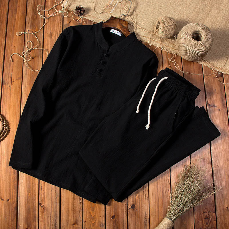 Pure Color Cotton Linen Long Sleeve Top Pants Clothing Men's Set