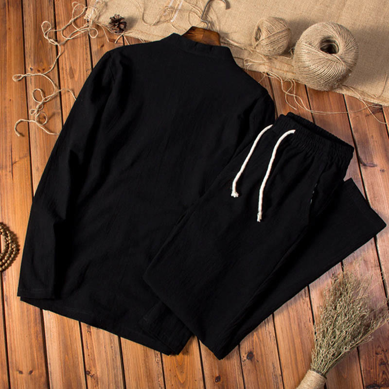 Pure Color Cotton Linen Long Sleeve Top Pants Clothing Men's Set