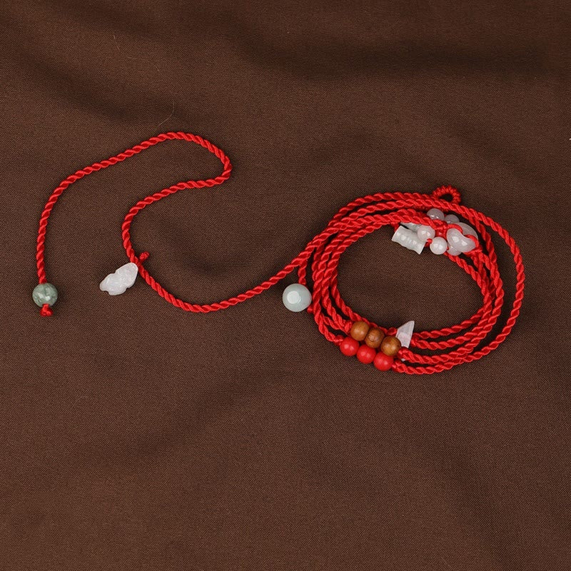 Handmade Red String Peach Wood & Cinnabar Ping An Kou Jade Chinese Zodiac Belly Chain