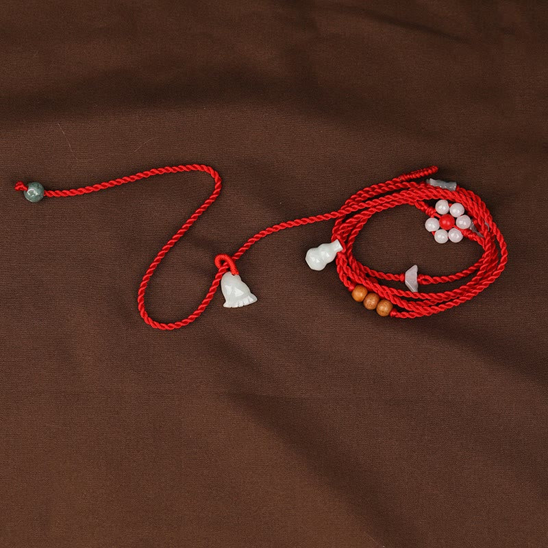 Handmade Red String Peach Wood & Cinnabar Ping An Kou Jade Chinese Zodiac Belly Chain