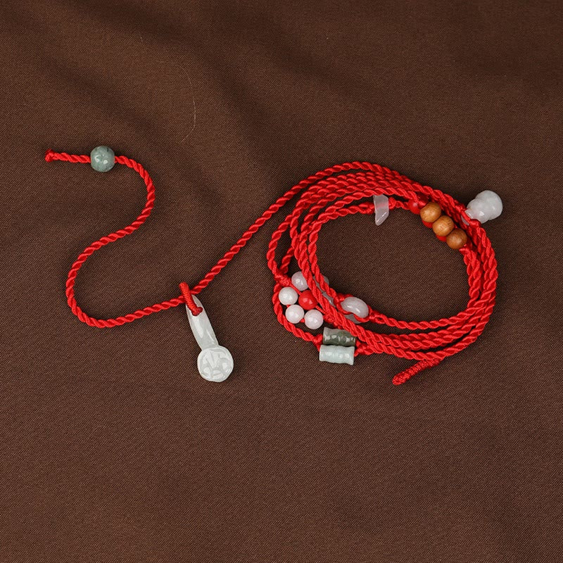 Handmade Red String Peach Wood & Cinnabar Ping An Kou Jade Chinese Zodiac Belly Chain