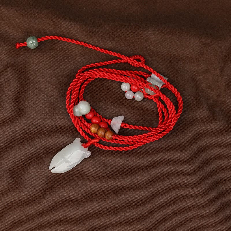 Handmade Red String Peach Wood & Cinnabar Ping An Kou Jade Chinese Zodiac Belly Chain