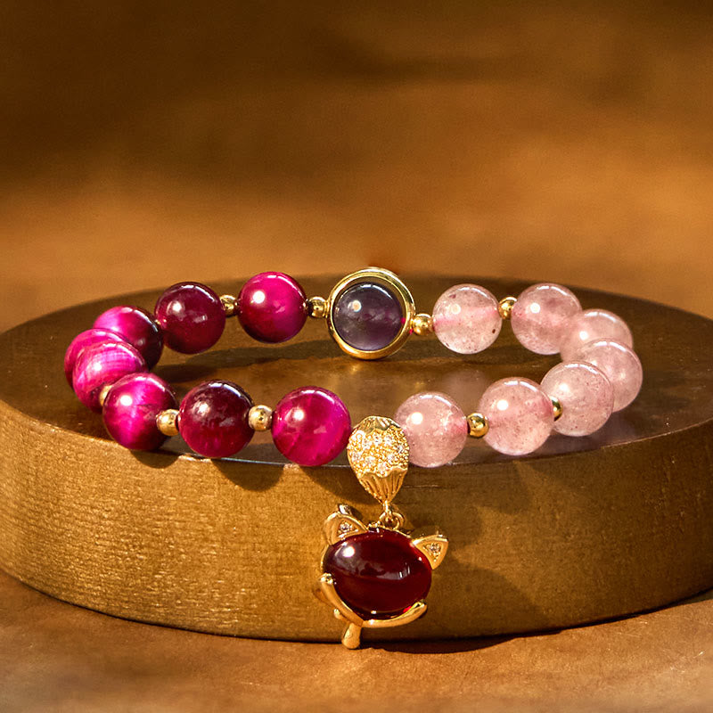 Natural Strawberry Quartz & Tiger Eye Pixiu Beaded Bracelet for Heart-Centered Connection