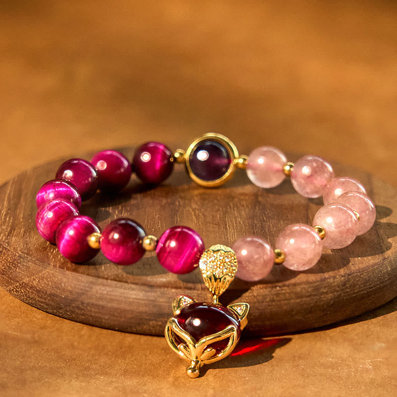 Natural Strawberry Quartz and Tiger Eye Pixiu Beaded Love Bracelet