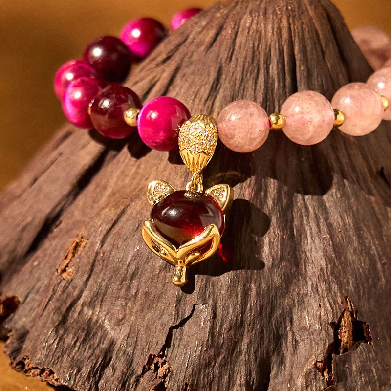 Natural Strawberry Quartz & Tiger Eye Pixiu Beaded Bracelet for Heart-Centered Connection