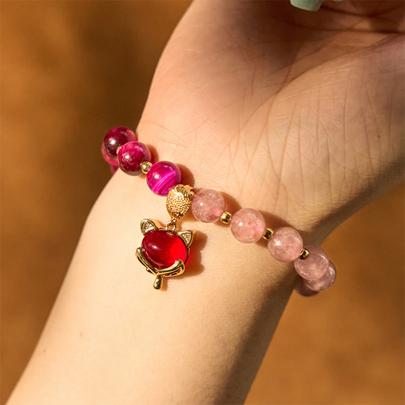 Natural Strawberry Quartz and Tiger Eye Pixiu Beaded Love Bracelet