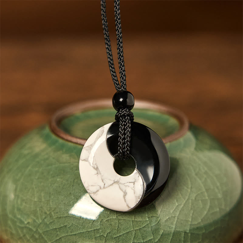 Natural Black Obsidian White Turquoise Yin Yang Peace Buckle Design Braided String Strength Necklace Pendant
