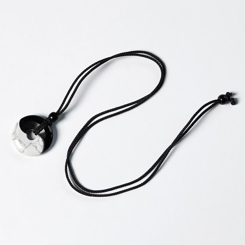 Natural Black Obsidian White Turquoise Yin Yang Peace Buckle Design Braided String Strength Necklace Pendant