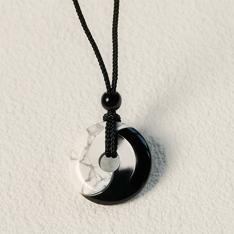 Natural Black Obsidian White Turquoise Yin Yang Peace Buckle Design Braided String Strength Necklace Pendant