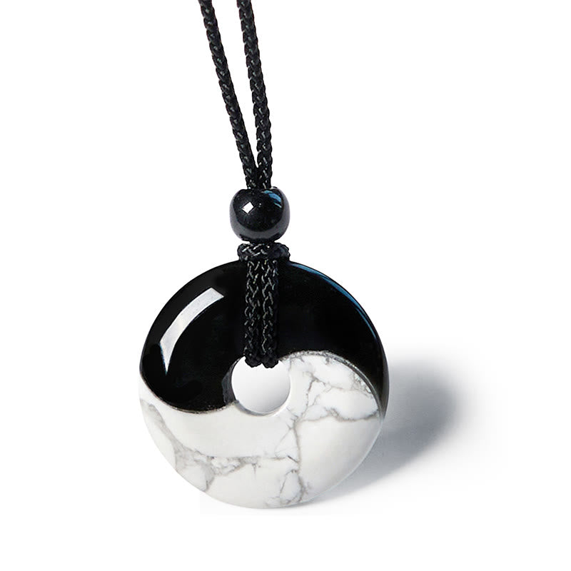 Natural Black Obsidian White Turquoise Yin Yang Peace Buckle Design Braided String Strength Necklace Pendant