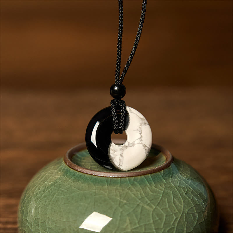 Natural Black Obsidian White Turquoise Yin Yang Peace Buckle Design Braided String Strength Necklace Pendant