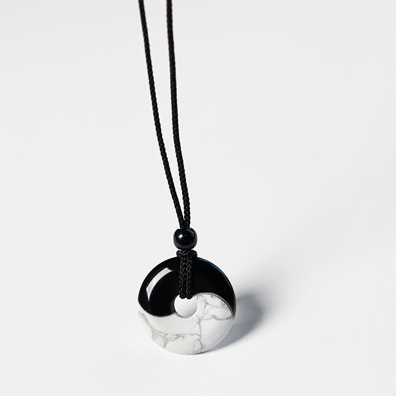 Natural Black Obsidian White Turquoise Yin Yang Peace Buckle Design Braided String Strength Necklace Pendant