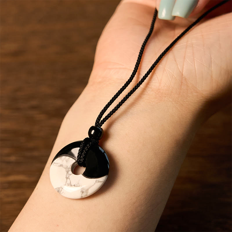 Natural Black Obsidian White Turquoise Yin Yang Peace Buckle Design Braided String Strength Necklace Pendant