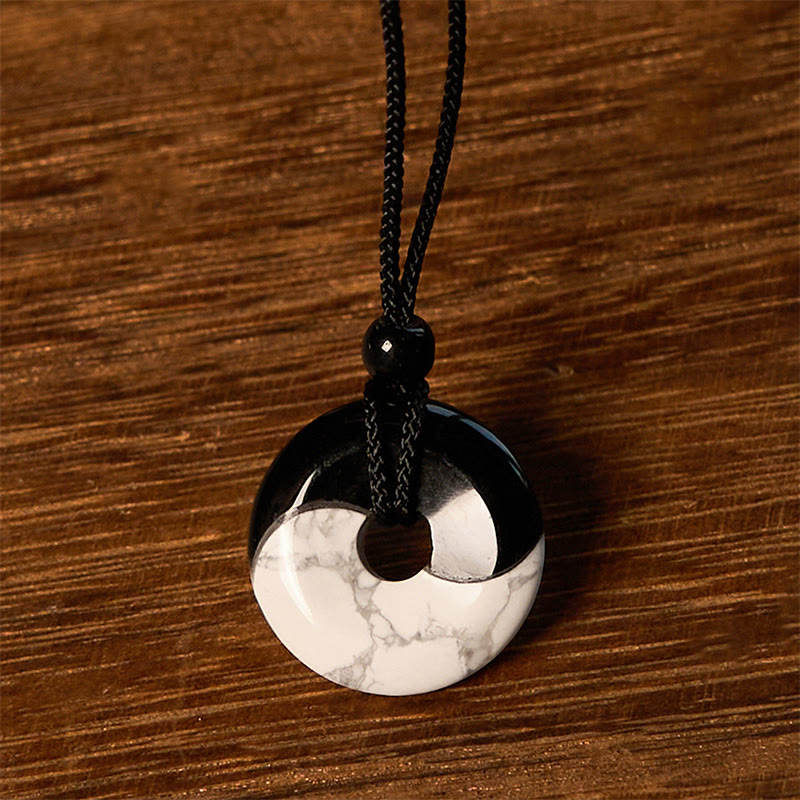Natural Black Obsidian White Turquoise Yin Yang Peace Buckle Design Braided String Strength Necklace Pendant